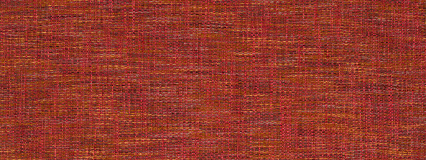 Close-up of red-orange woven drapery fabric texture with orange-yellow threads and a rustic, tactile pattern.