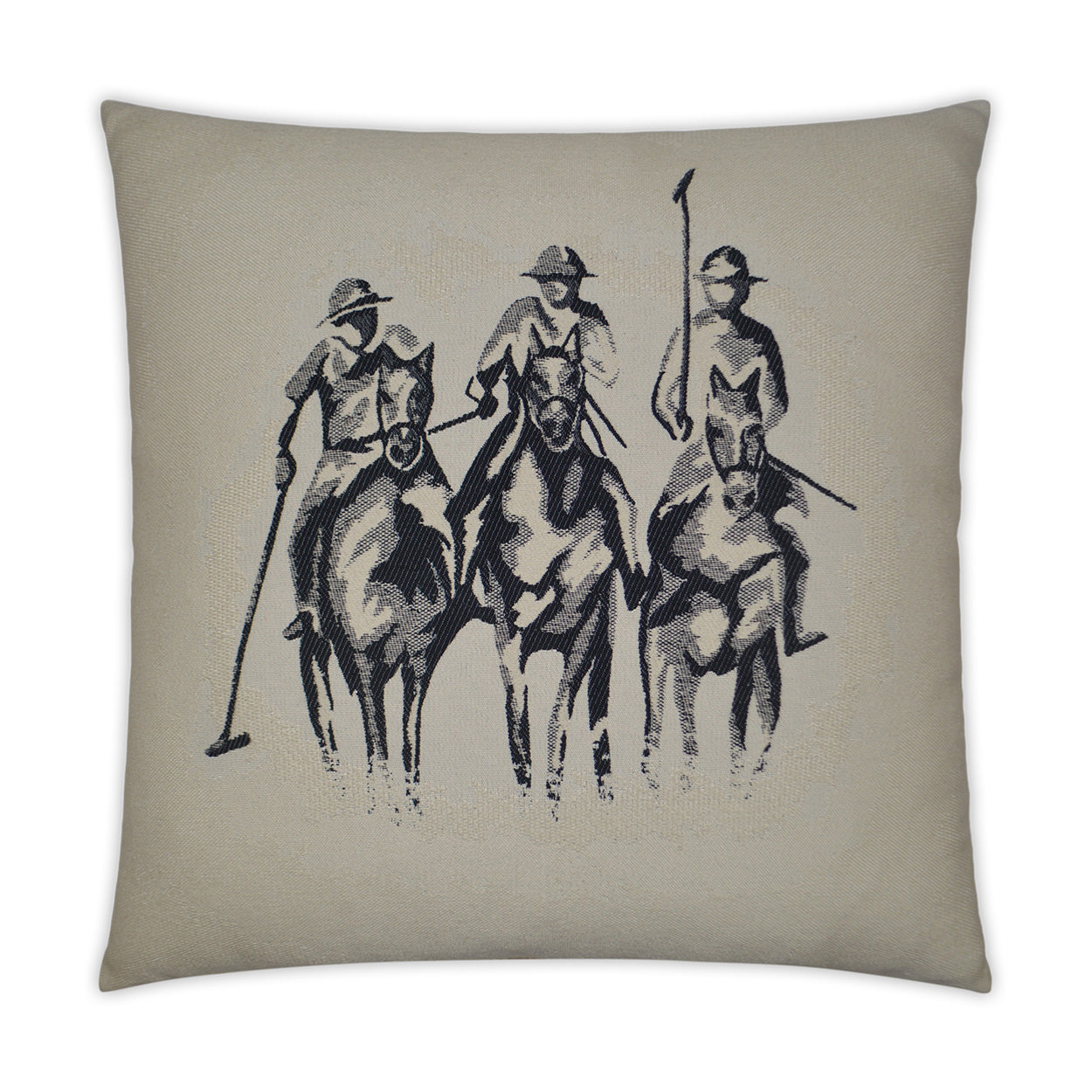 Beige square pillow with a monochrome illustration of three cowboys on galloping horses in a Western scene.