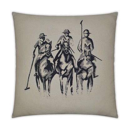 Beige square pillow with a monochrome illustration of three cowboys on galloping horses in a Western scene.