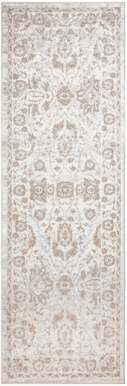Ivory-beige oriental runner rug with intricate taupe floral medallion pattern and vintage distressed look.