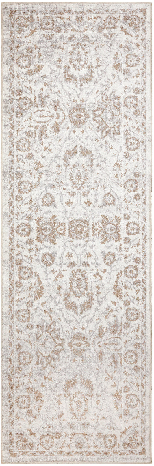 Ivory-beige oriental runner rug with intricate taupe floral medallion pattern and vintage distressed look.
