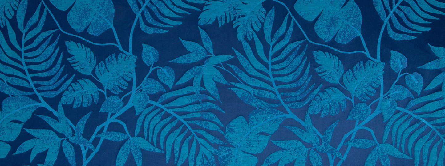 Blue teal tropical palm leaf pattern on dark blue background; dense, leafy design.