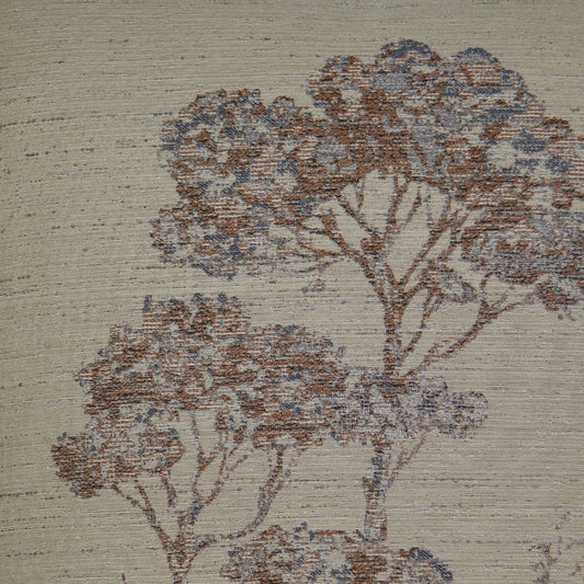Beige woven rug featuring a brown and blue tree motif; textured fabric, botanical design.