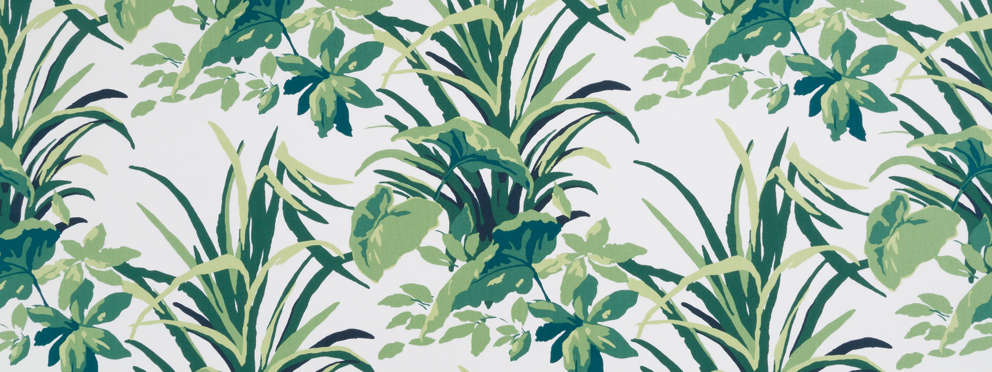 Tropical botanical print with layered green palm and broad leaves on light neutral background, ideal for fabric or wallpaper.