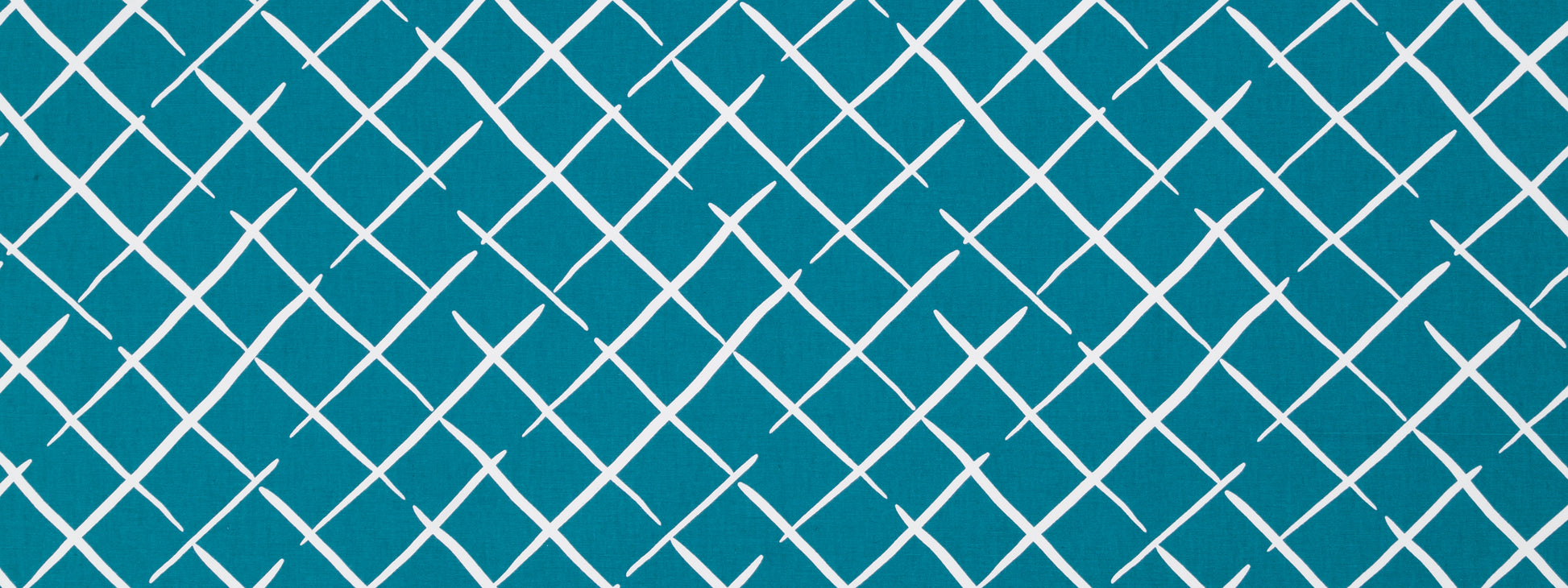 Teal blue crisscross lattice pattern with white diagonal lines forming diamonds.