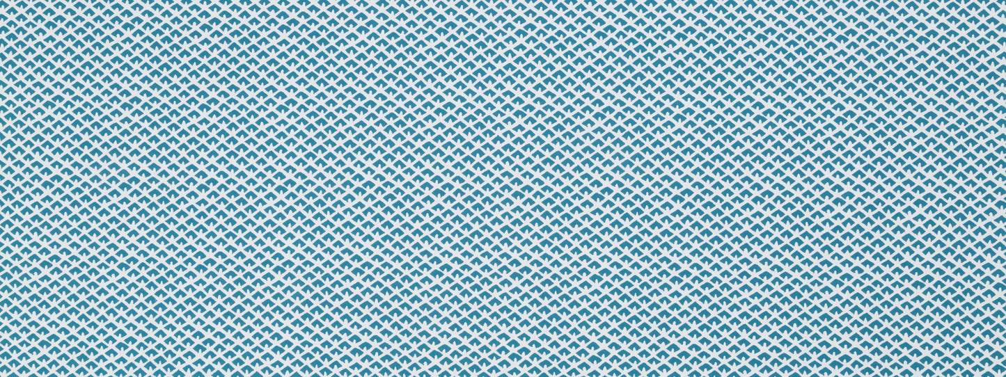 Blue and white micro-diamond geometric upholstery fabric pattern.