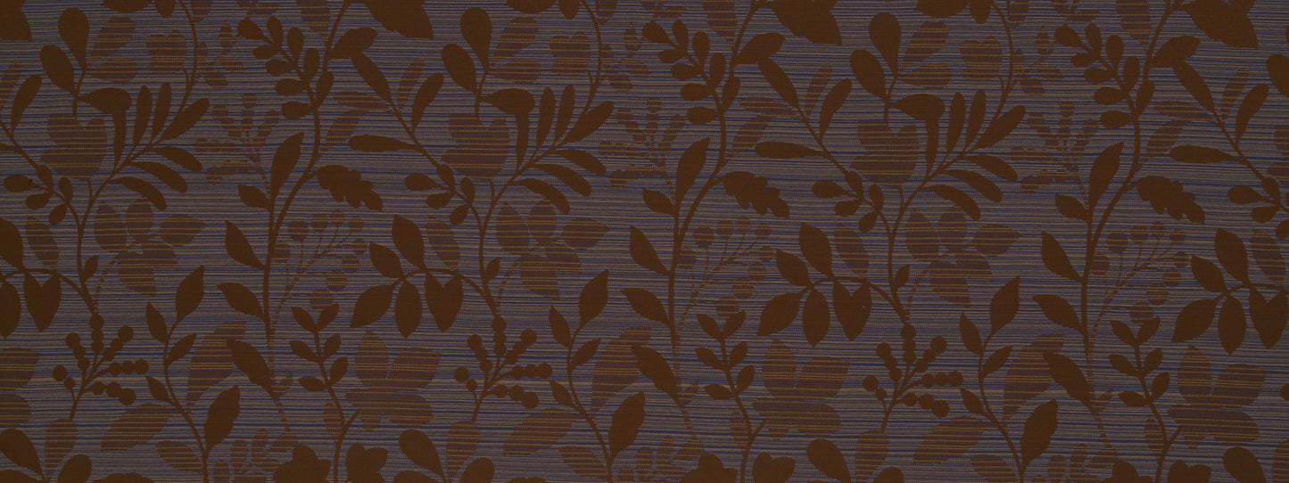 Espresso upholstery fabric with a warm brown damask leaf pattern and a repeating vine design.