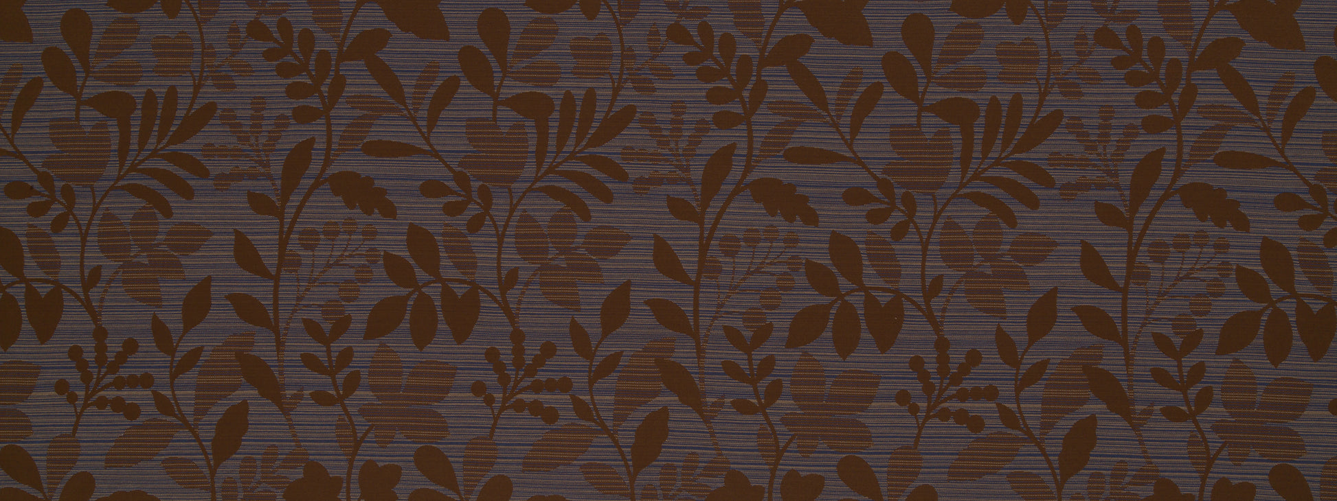 Espresso upholstery fabric with a warm brown damask leaf pattern and a repeating vine design.