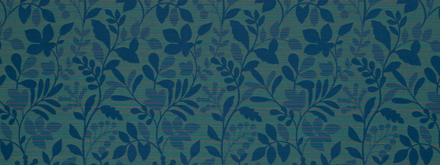 Teal upholstery fabric with dark blue botanical leaf pattern and repeating vine motif.