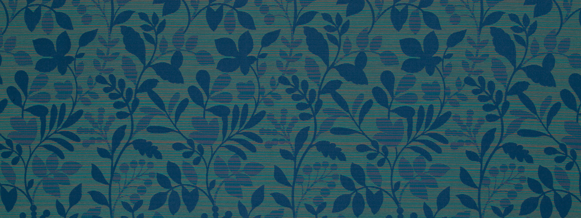 Teal upholstery fabric with dark blue botanical leaf pattern and repeating vine motif.