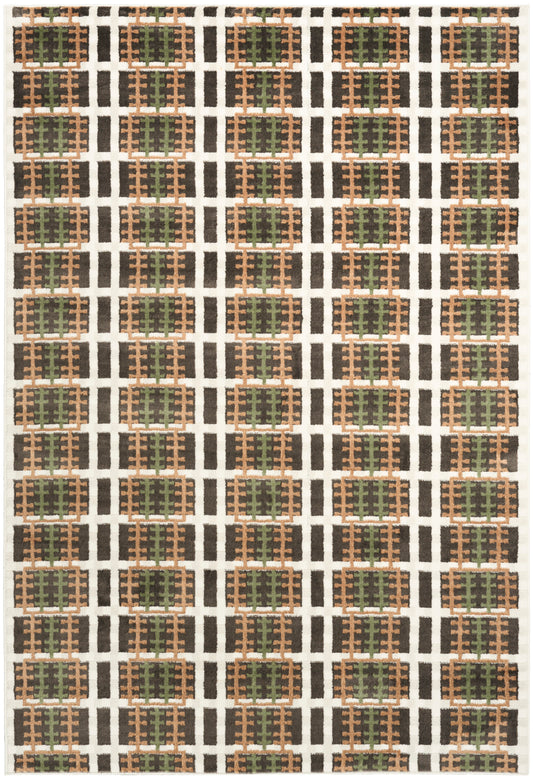 Geometric area rug with repeating lattice pattern: orange-brown framed cells with green centers on a white and black grid.