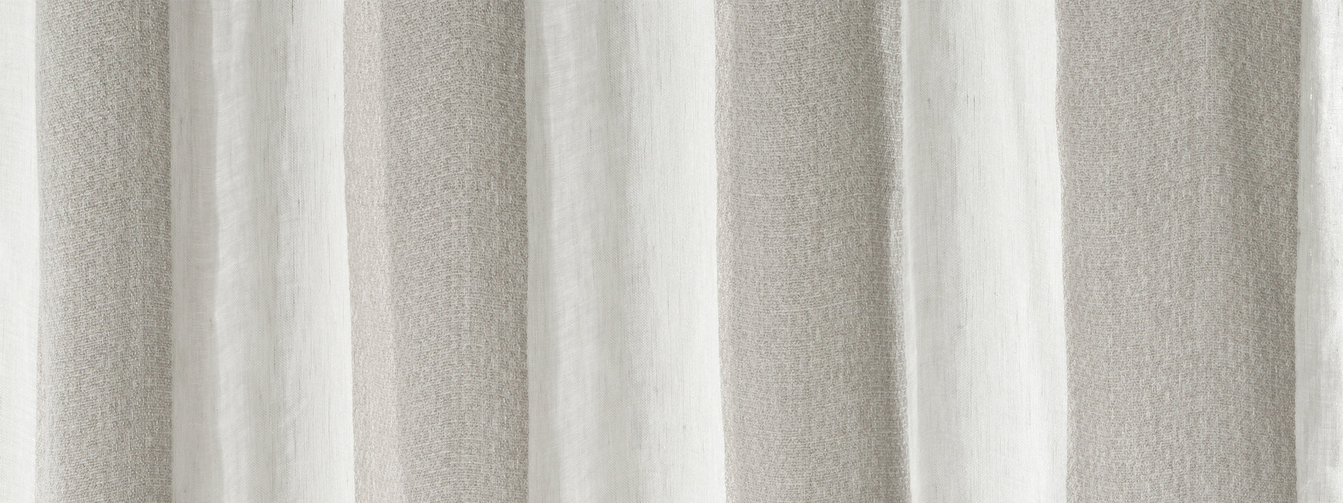 White linen-textured curtain fabric with vertical folds and soft drape, home decor curtain panel.
