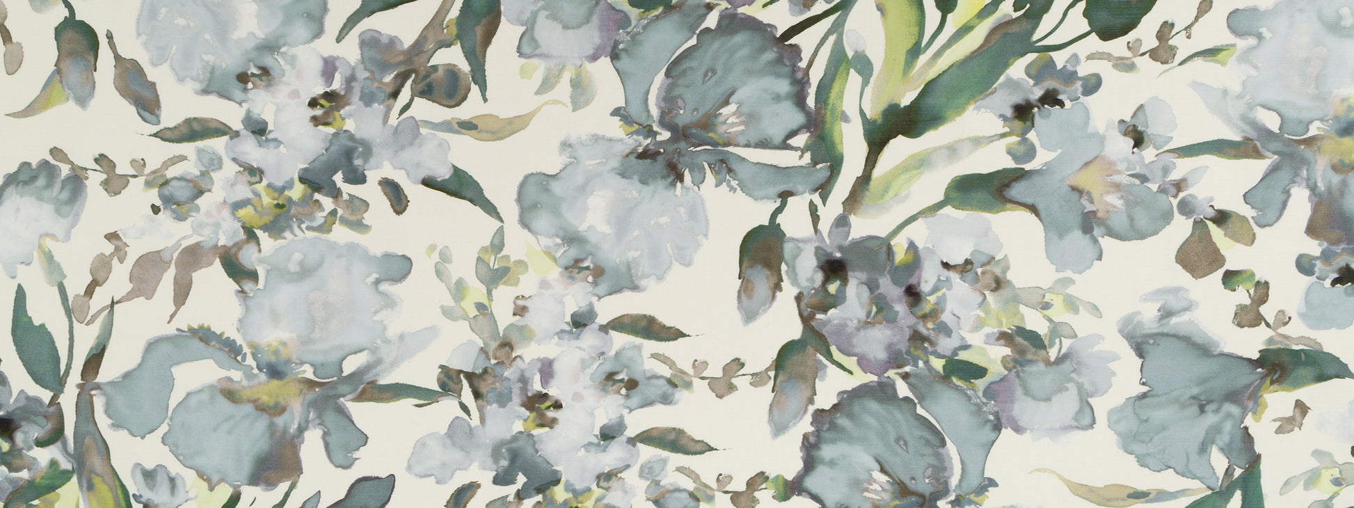 Watercolor floral print with blue-gray blossoms and green stems on a light background.