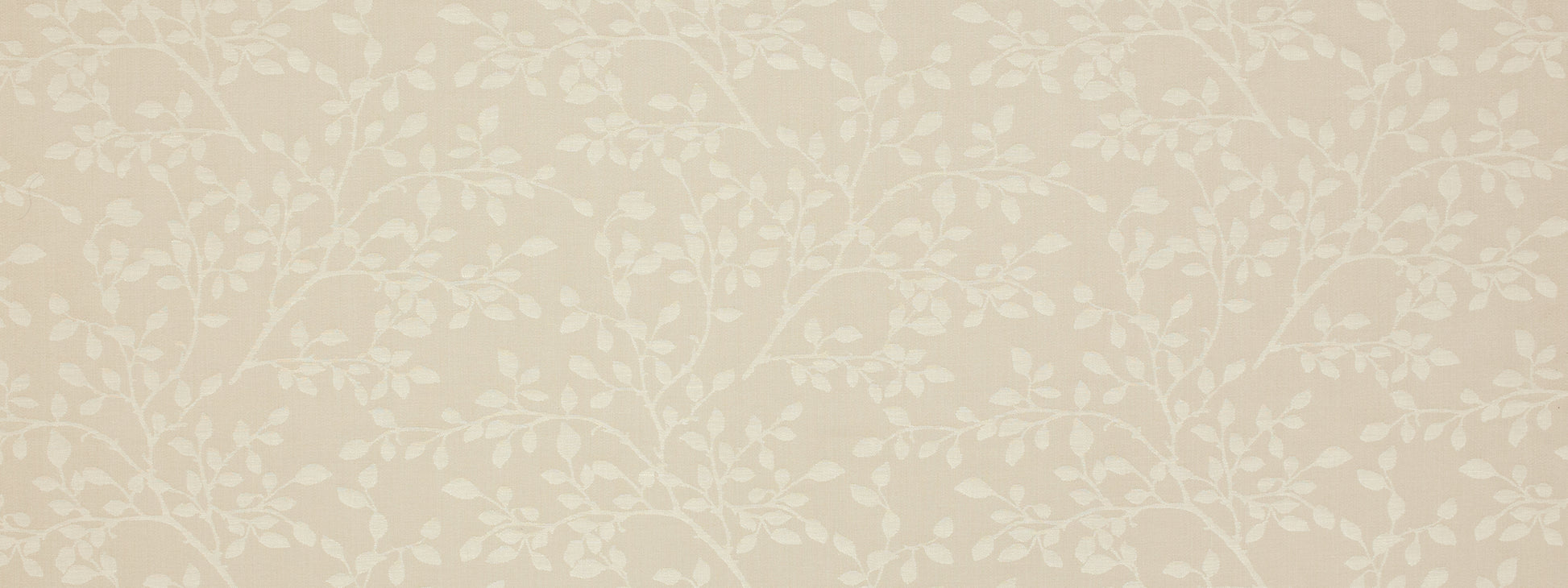 Beige drapery fabric with white botanical vines and leaves in a subtle linen texture.