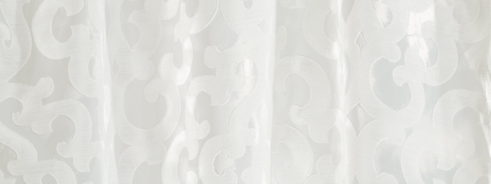 Pale cream damask-style scroll drapery curtain with light-diffusing fabric