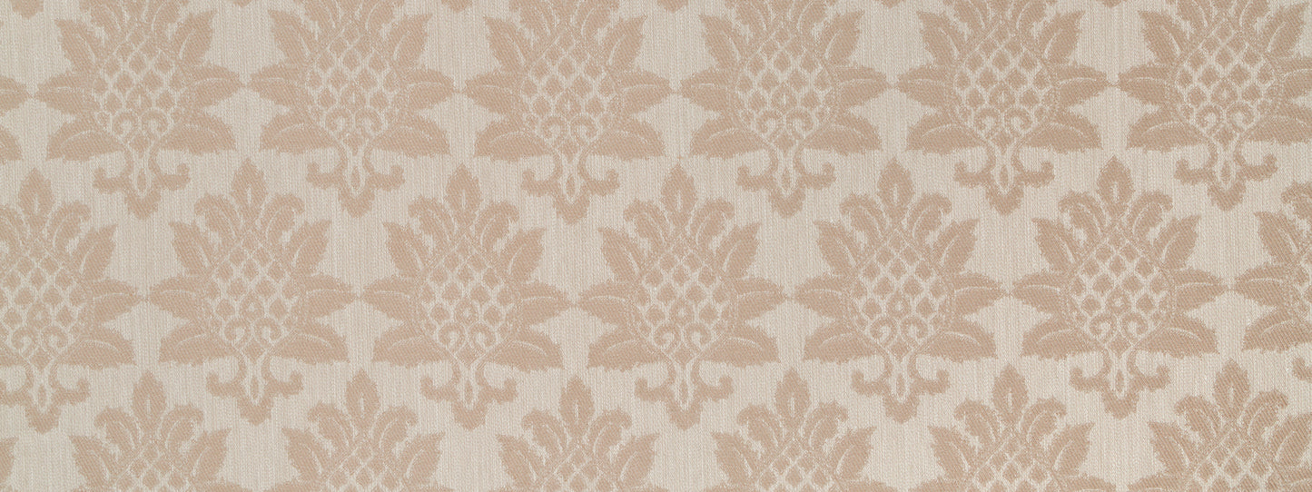 Beige damask-style drapery fabric with repeating floral sunburst motifs.