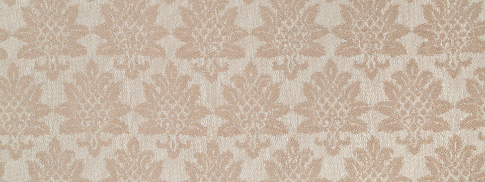 Beige damask-style drapery fabric with repeating floral sunburst motifs.
