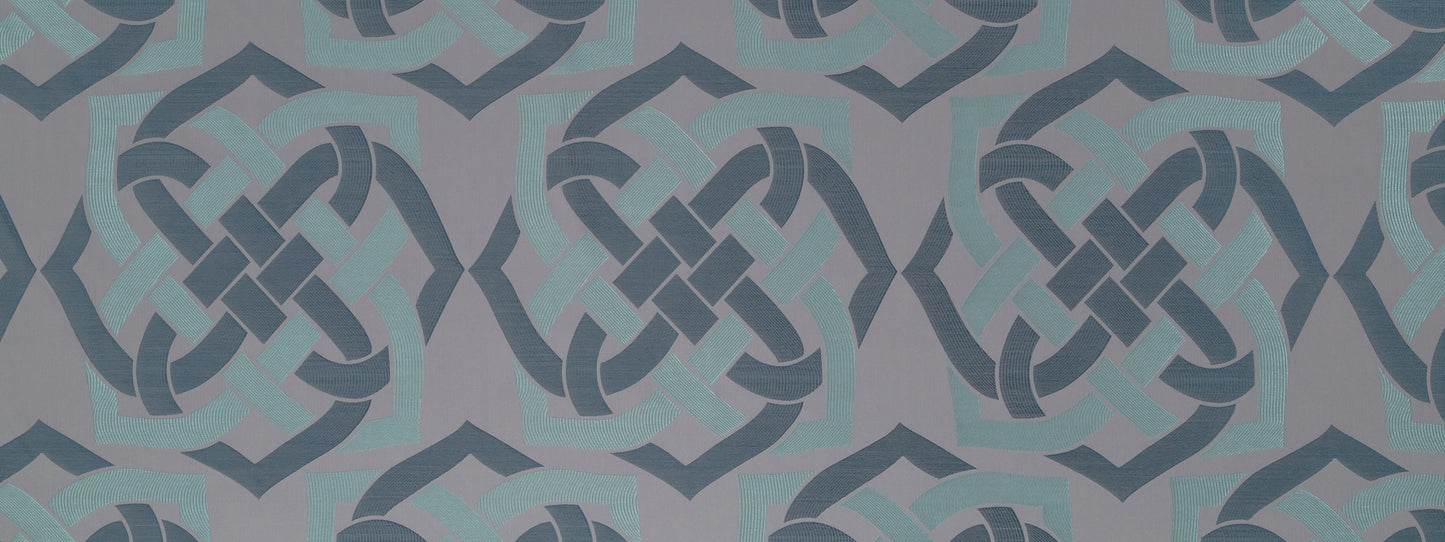 Blue-gray knotwork wallpaper with interlaced Celtic motifs; repeating geometric pattern.