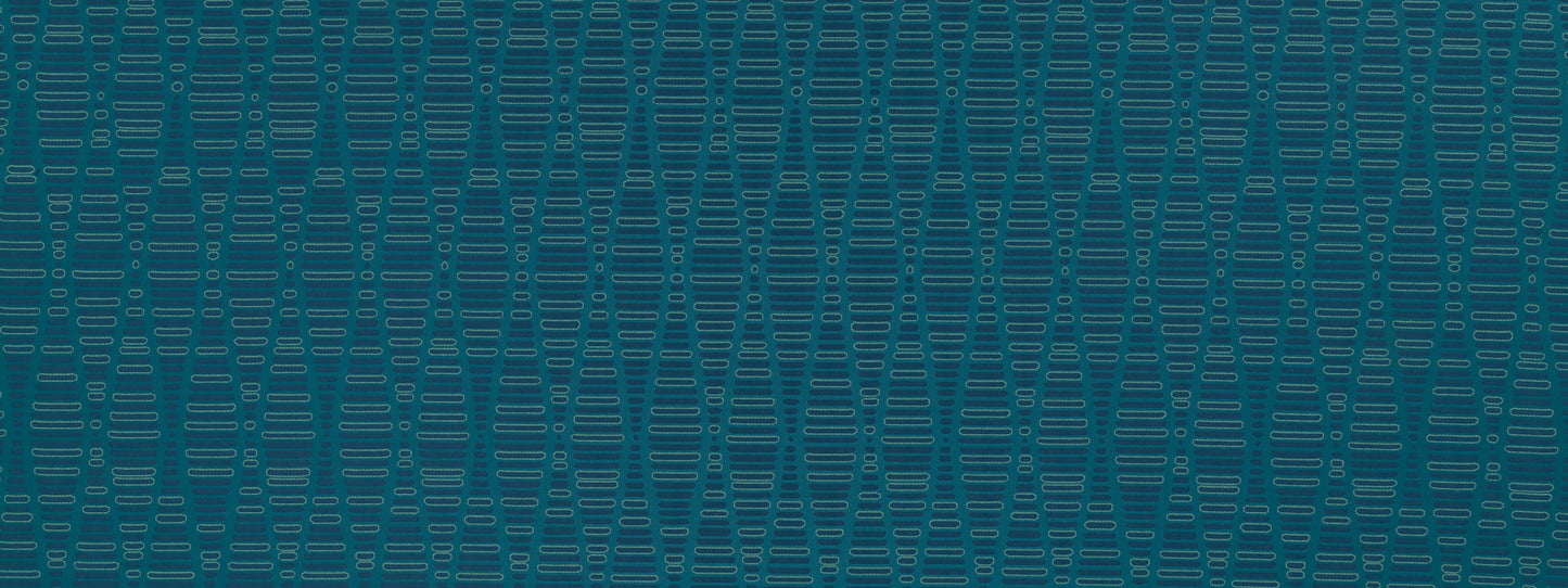 Teal-blue woven fabric with a subtle repeating geometric vertical-bar pattern; textured textile.