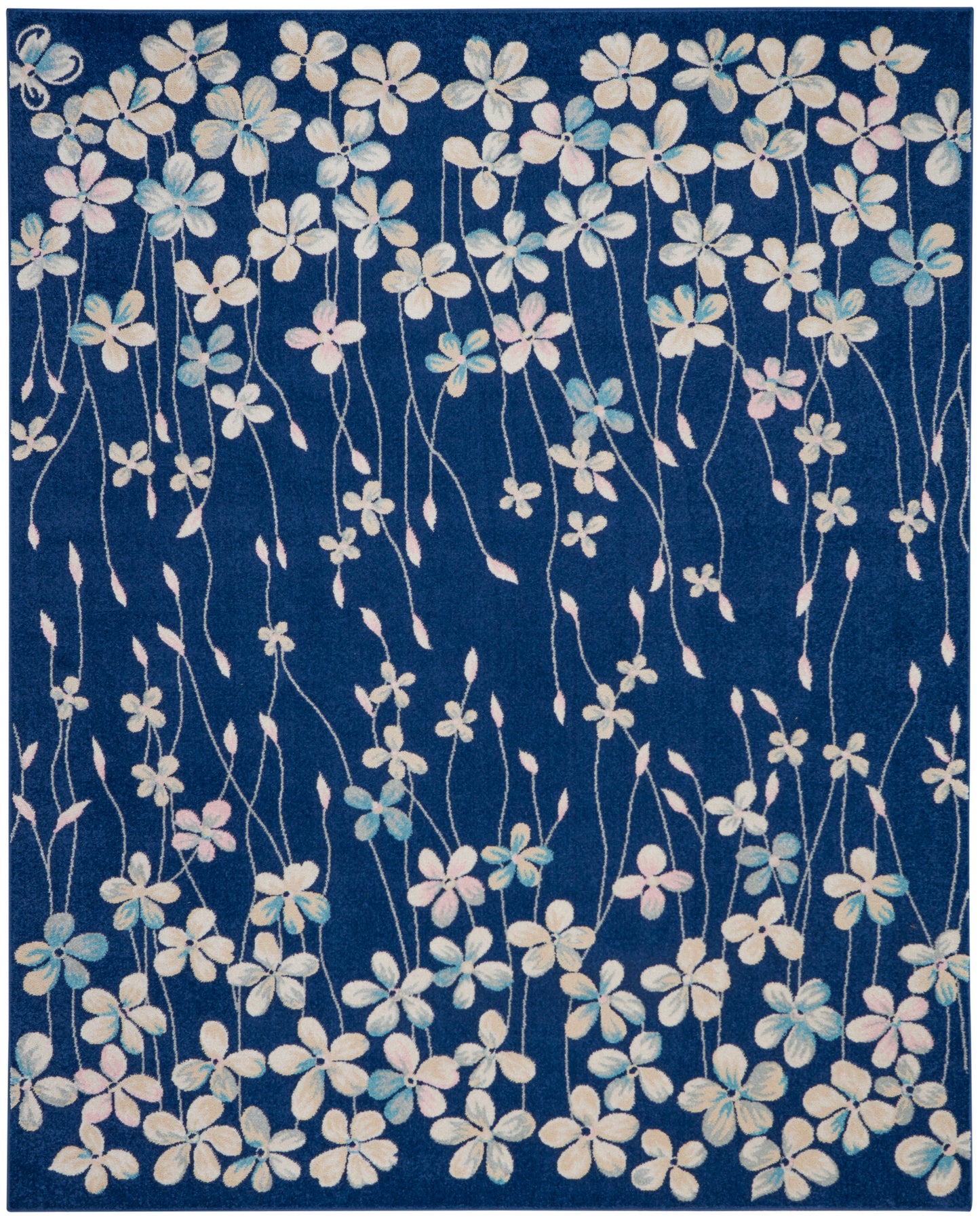 Blue floral rug with white and pastel blossoms on long trailing stems; modern decorative style.
