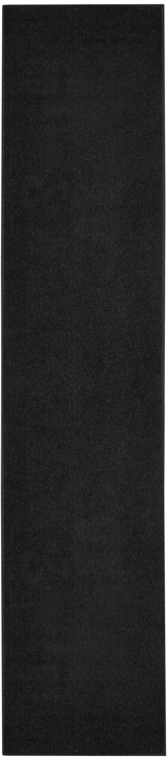 Long black outdoor runner rug with textured surface, 18 ft long.