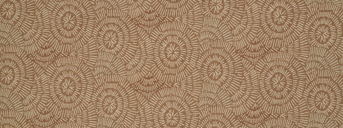 Tan and beige circular mandala pattern fabric with repeating rosette motifs; damask-style upholstery textile.