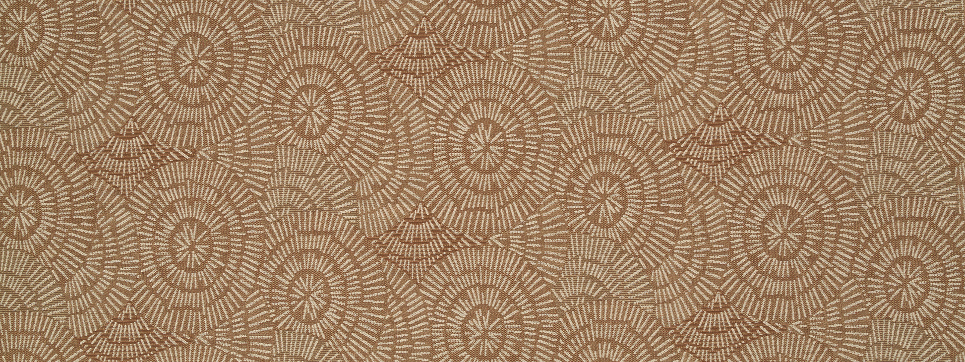 Tan and beige circular mandala pattern fabric with repeating rosette motifs; damask-style upholstery textile.