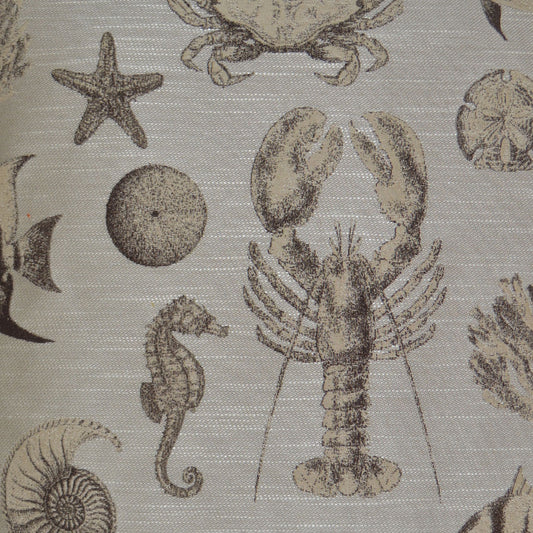 Beige fabric with brown nautical sea-life motifs: lobster, seahorse, starfish and shells in vintage illustration style.