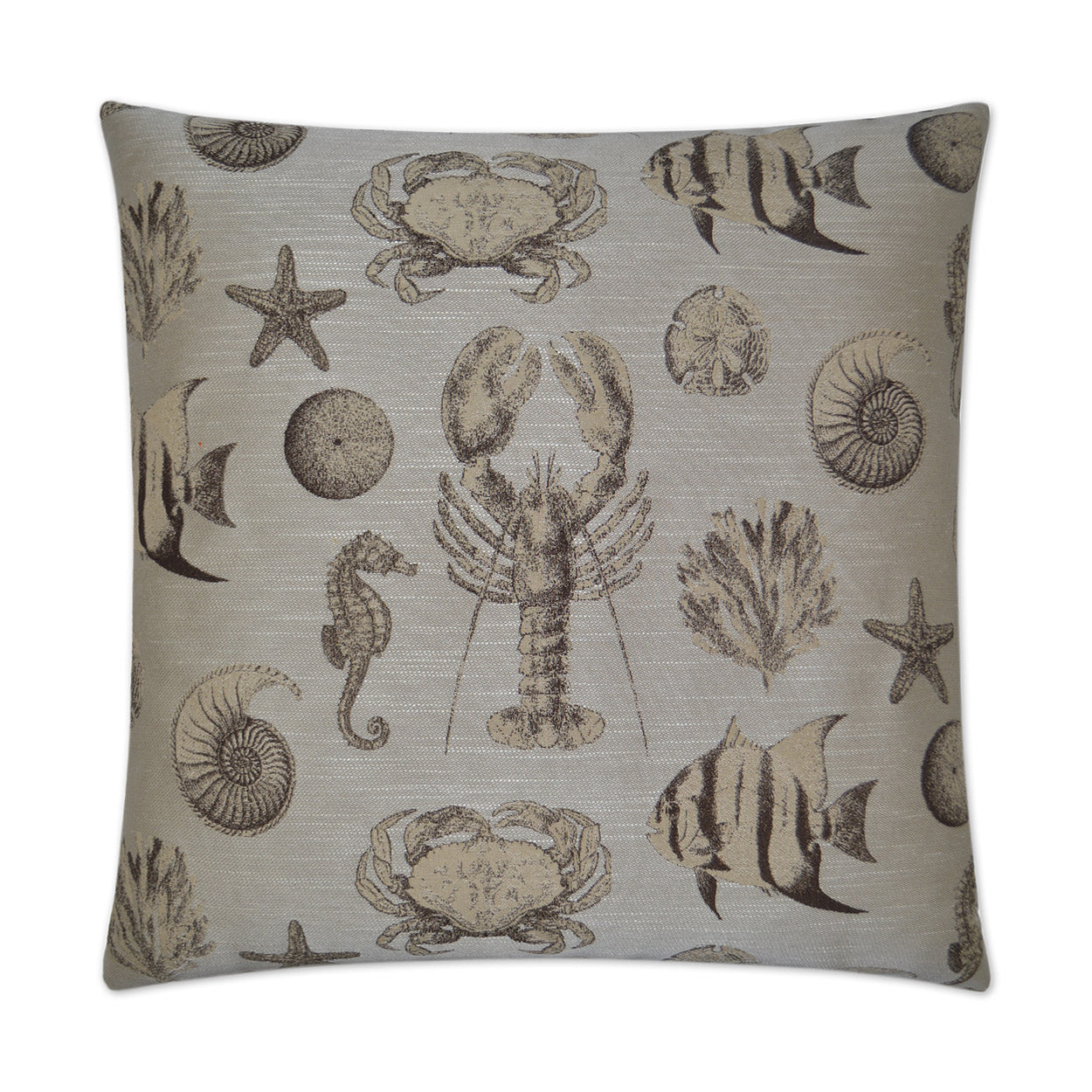 Linen-textured beige square throw pillow with brown coastal sea-life print (crab, lobster, seahorse, shells, starfish) for beach decor.