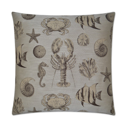 Linen-textured beige square throw pillow with brown coastal sea-life print (crab, lobster, seahorse, shells, starfish) for beach decor.
