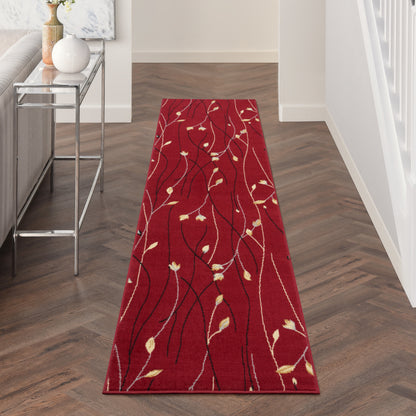 Red hallway runner rug with black and white vine pattern and pale leaf accents; rectangular, ideal for entryways.