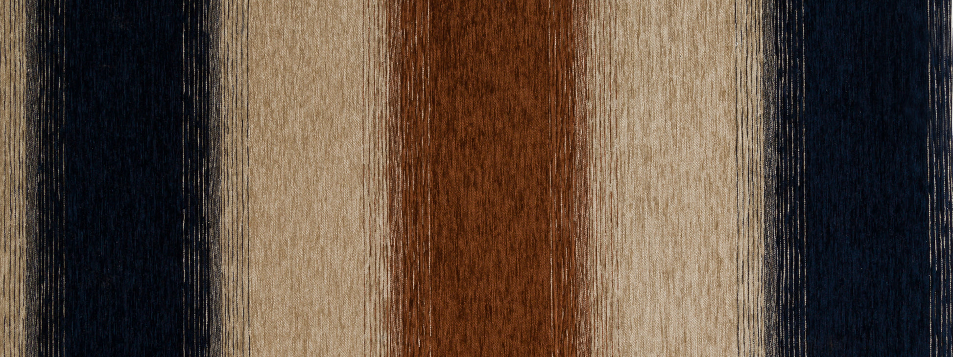 Vertical striped woven upholstery fabric in cognac and black tones; textured textile.