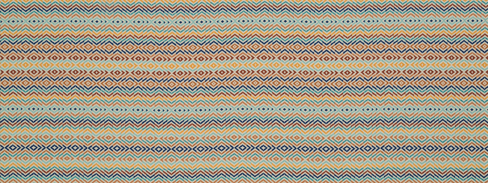 Horizontal-striped geometric textile with teal, orange and cream diamonds in a chevron motif.