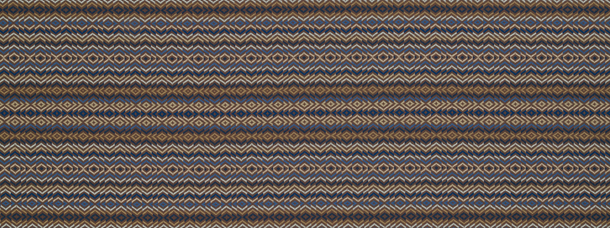 Navy blue and tan patterned fabric with small diamond motifs in horizontal stripes; a woven textile suitable for upholstery.