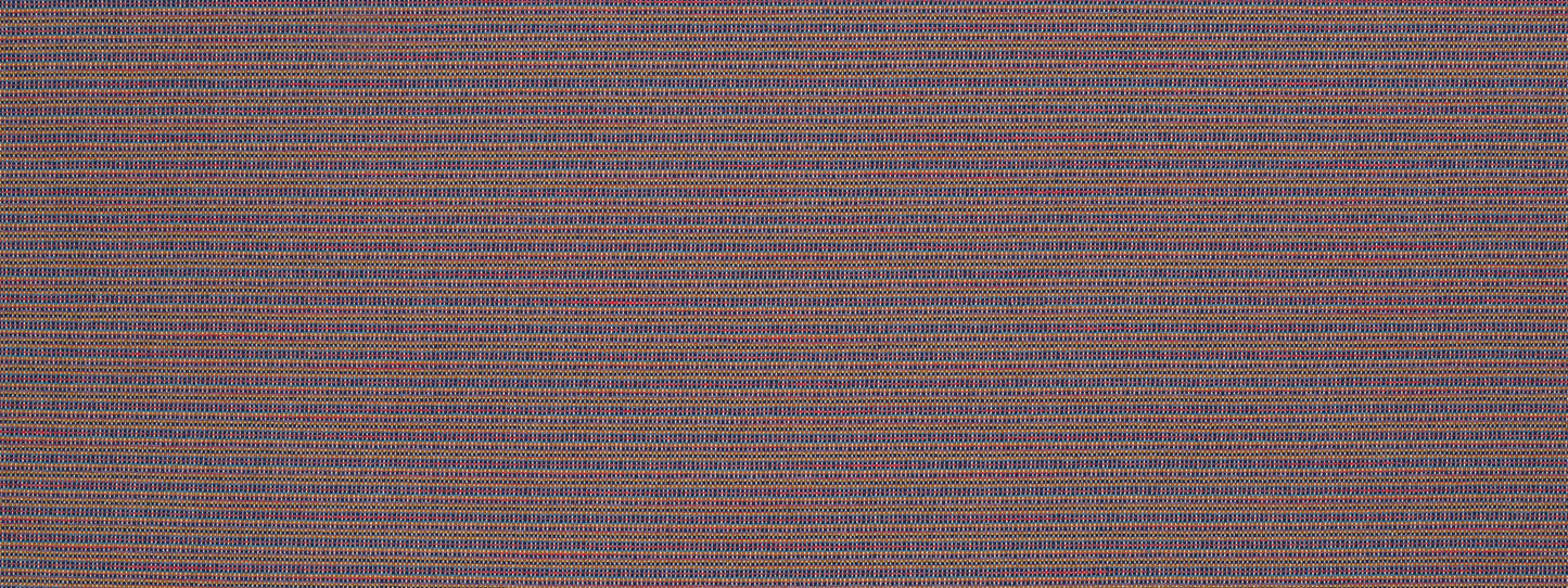 Close-up of woven fabric with fine multi-color stripes in navy, brown, tan and red; textured upholstery material.