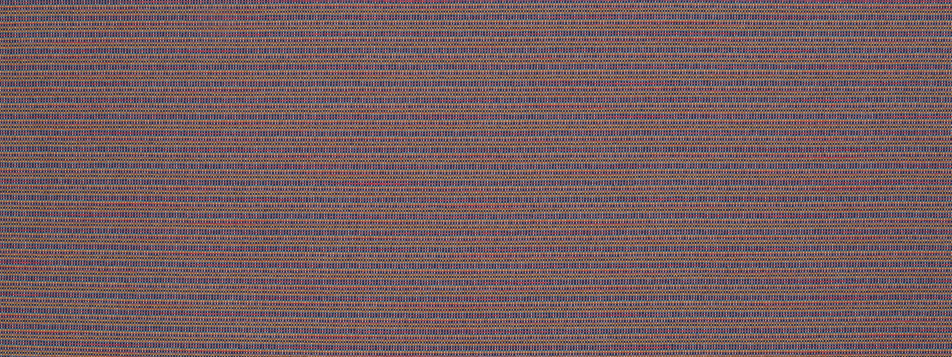 Close-up of woven fabric with fine multi-color stripes in navy, brown, tan and red; textured upholstery material.