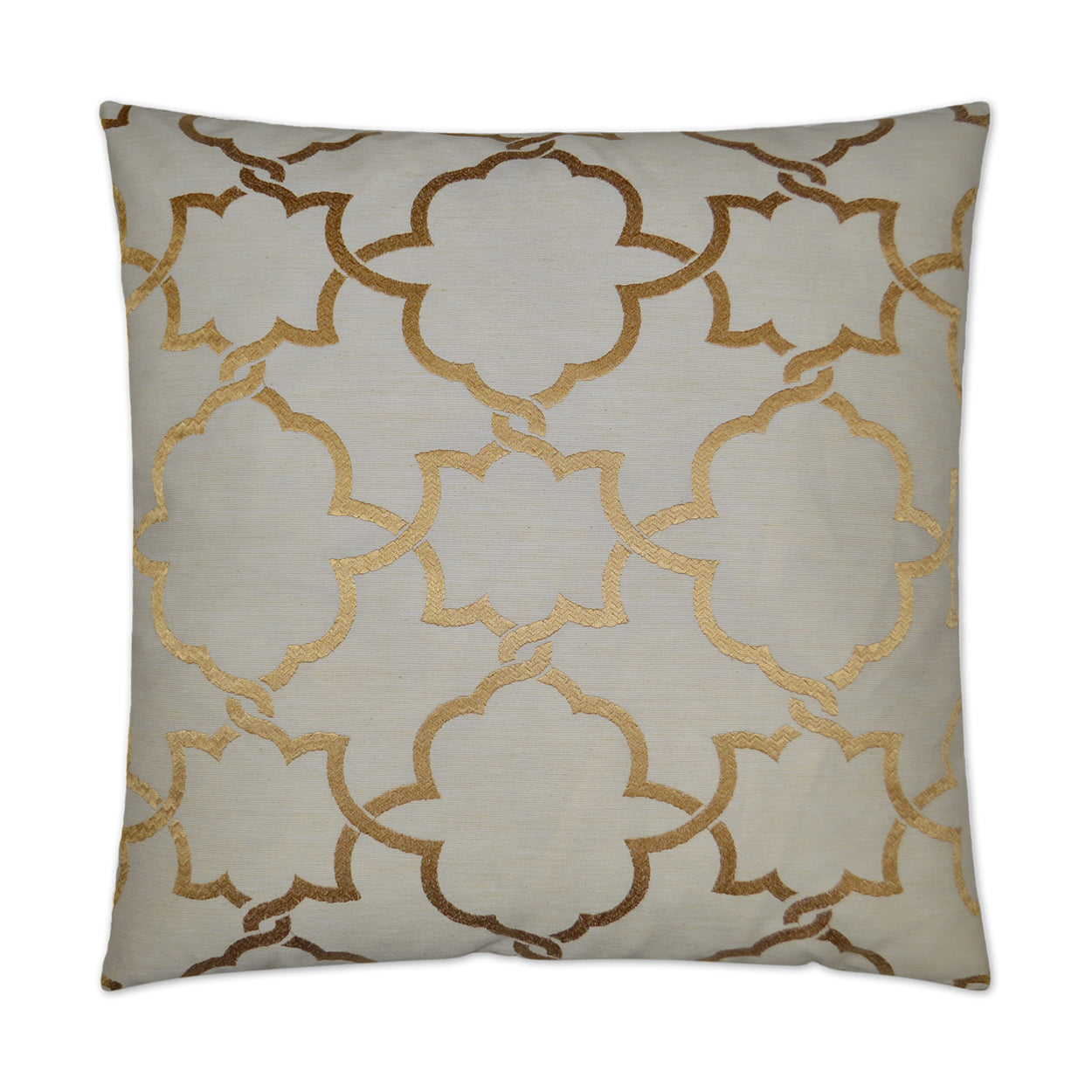 Square beige decorative pillow measuring 24" x 24" with a gold metallic quatrefoil lattice pattern.
