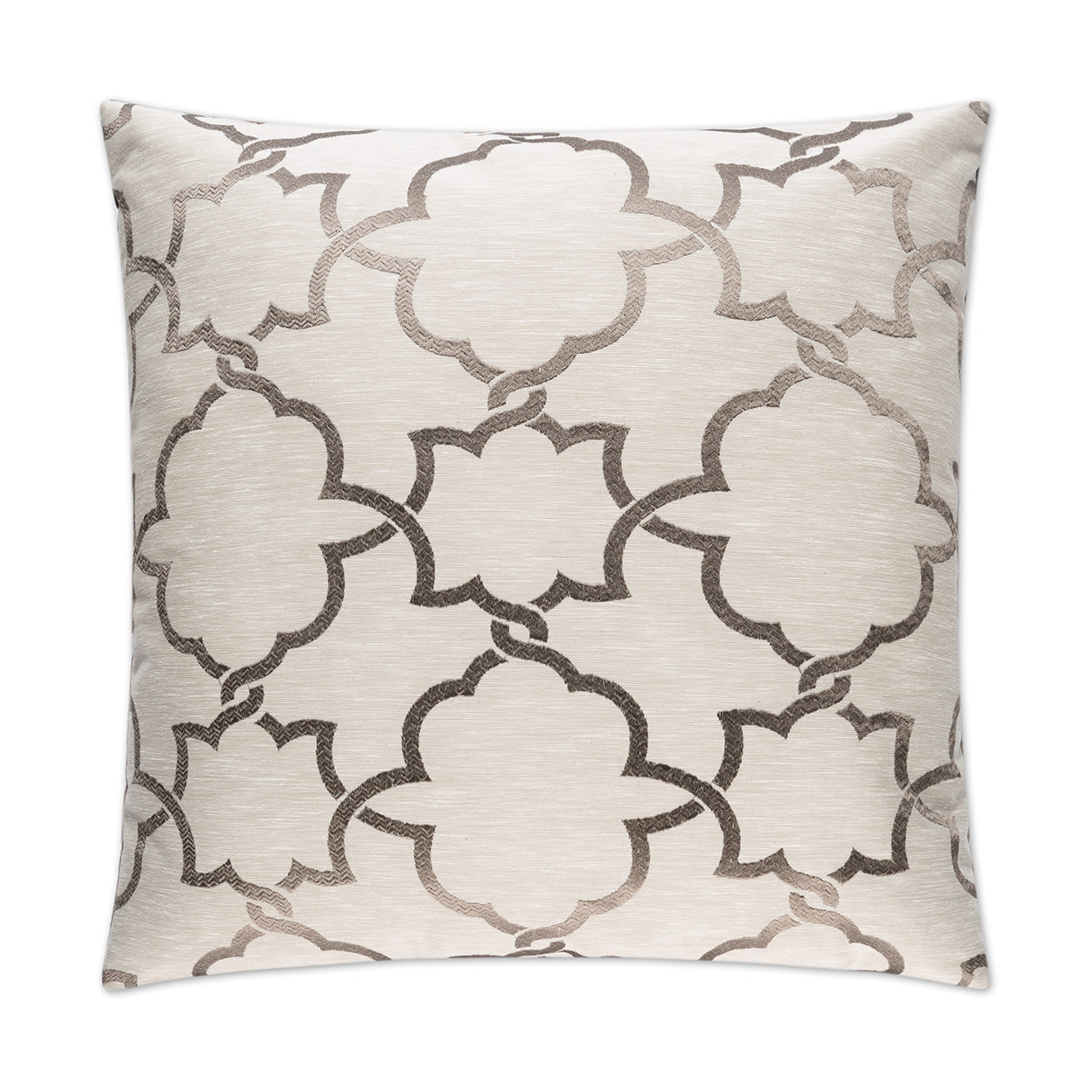 Taupe square throw pillow in linen-look fabric with brown quatrefoil lattice pattern.