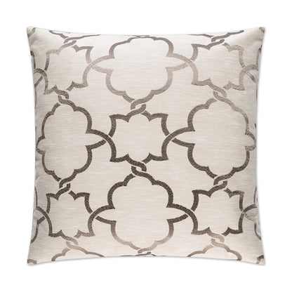 Taupe square throw pillow in linen-look fabric with brown quatrefoil lattice pattern.