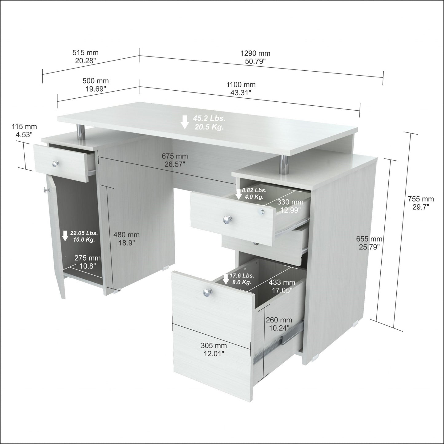 51" White Computer Desk With Five Drawers