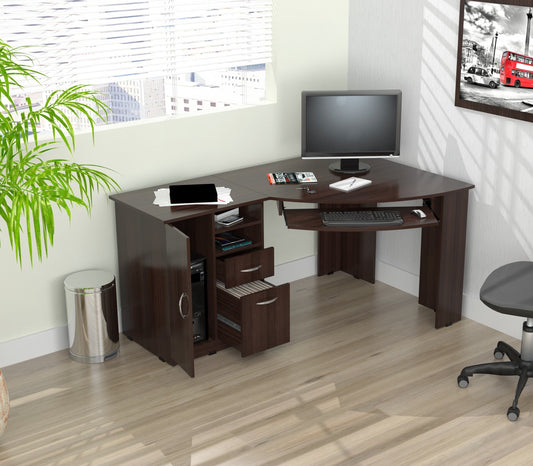 59" Espresso Corner Computer Desk With Two Drawers