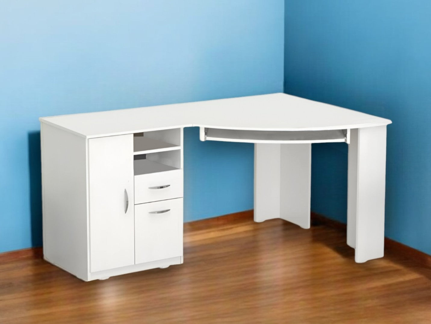 59" White Corner Computer Desk With Two Drawers