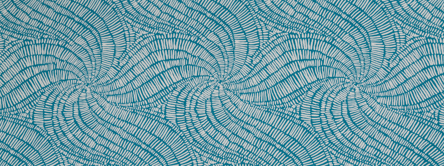 Teal circular swirl pattern on turquoise background; repeating radiating lines create a modern abstract textile.