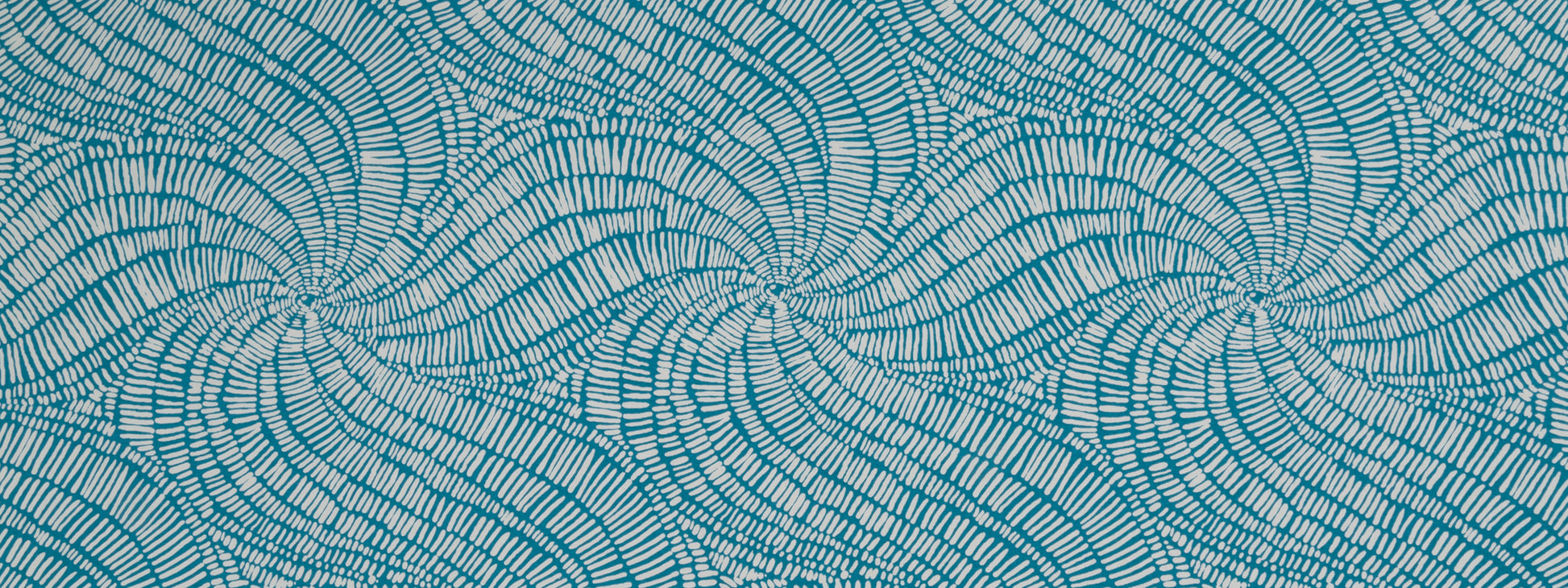 Teal circular swirl pattern on turquoise background; repeating radiating lines create a modern abstract textile.