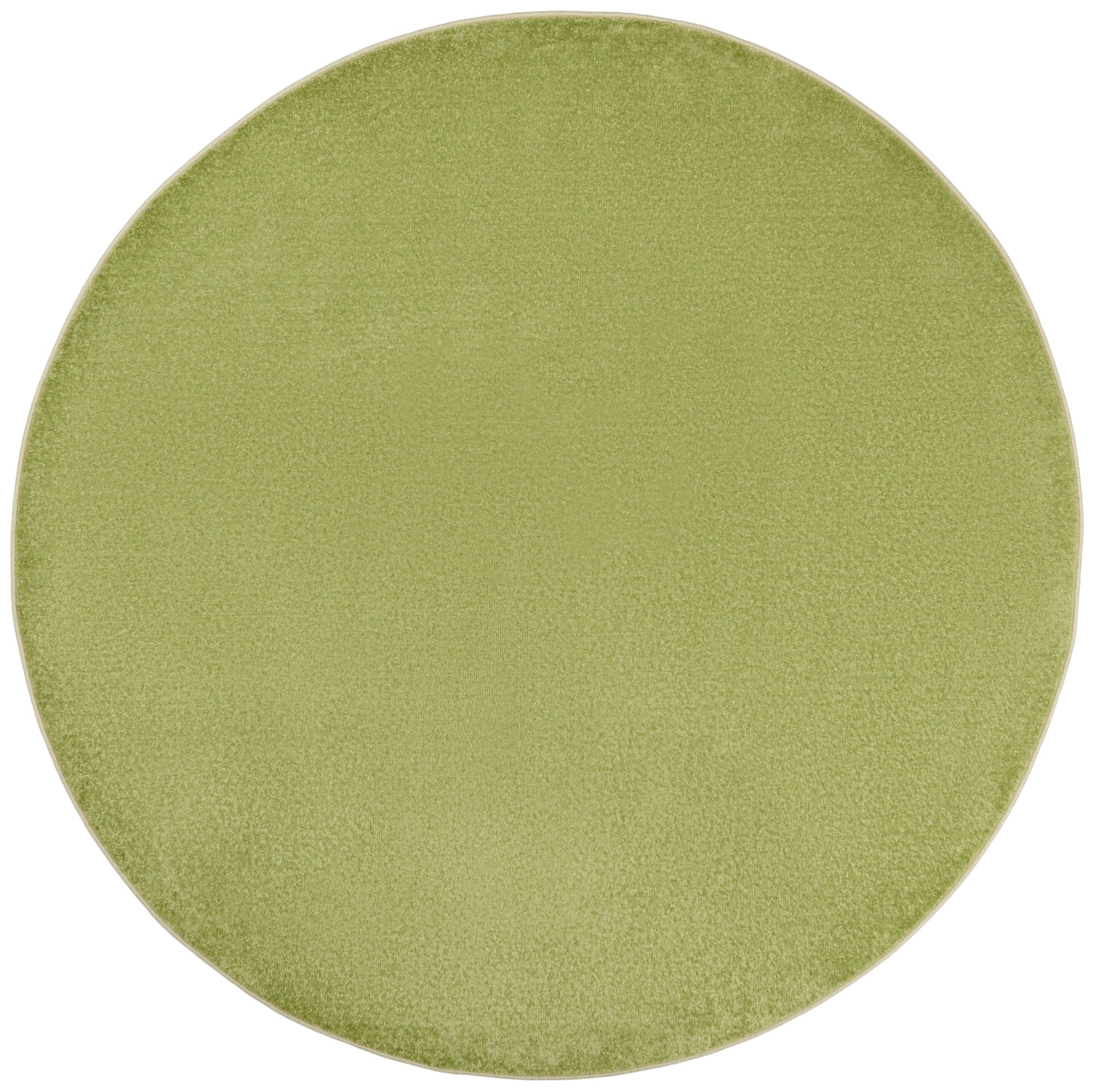 Round olive-green outdoor rug with a soft, fuzzy surface.