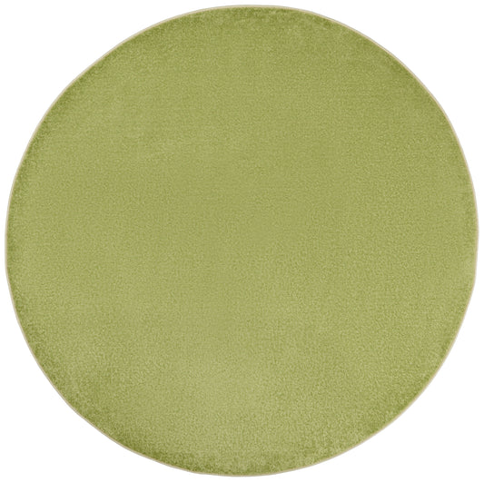 Round olive-green outdoor rug with a soft, fuzzy surface.