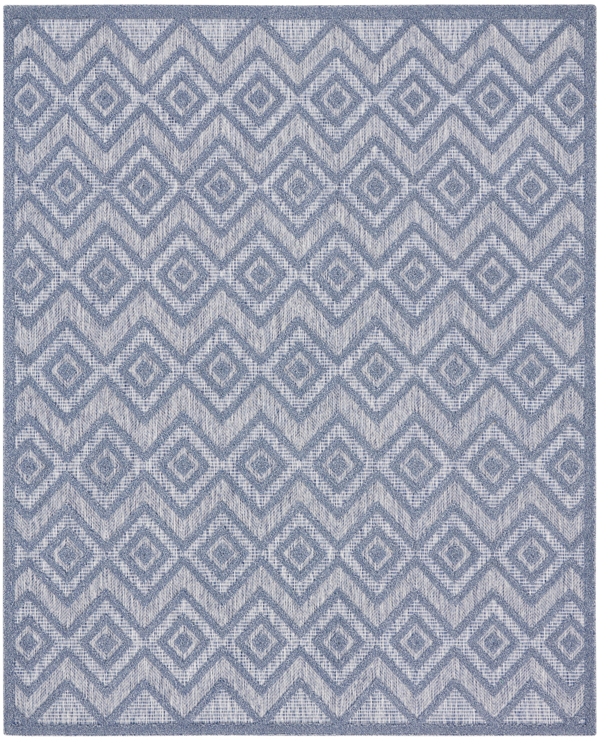 Blue-gray area rug featuring a repeating diamond and chevron geometric pattern.