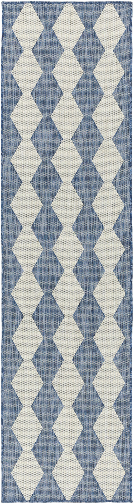 Blue woven rug runner with a repeating white diamond pattern along its length.