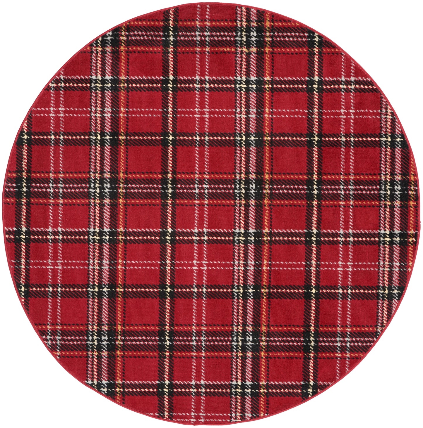 Round red tartan plaid fabric placemat with black and white lines for table setting.