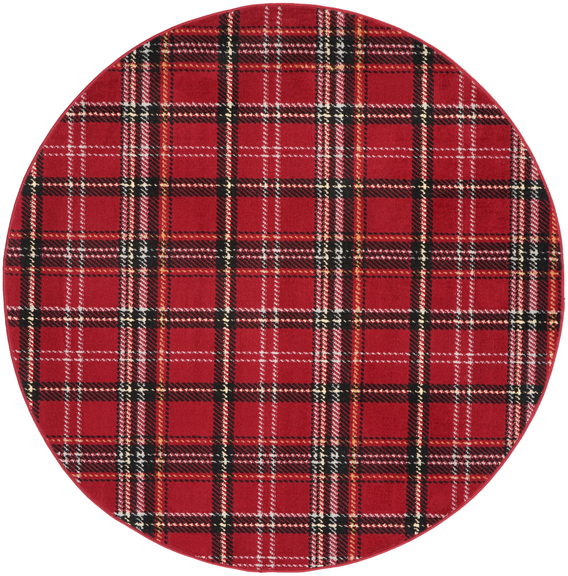 Round red tartan plaid fabric placemat with black and white lines for table setting.